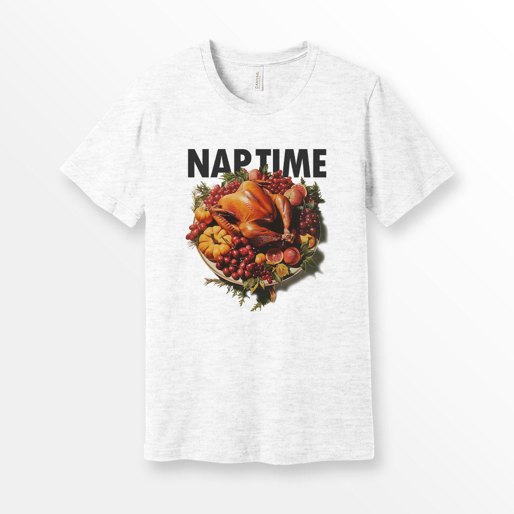 ShirtLoaf Thanksgiving Turkey Nap Time Shirt 90's T shirt printed on Ash Grey Bella + Canvas 3001 Unisex Short Sleeve Cotton T-shirt