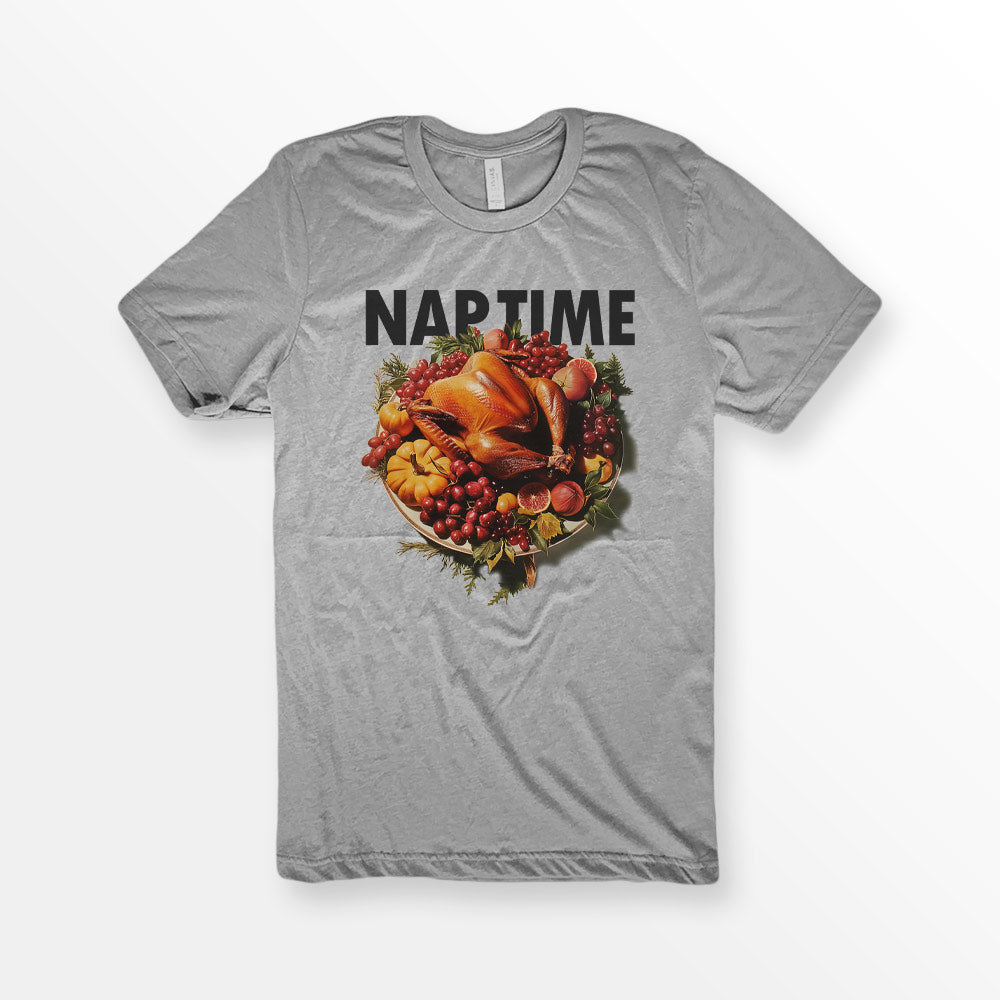 ShirtLoaf Thanksgiving Turkey Nap Time Shirt 90's T shirt printed on Athletic Heather Bella + Canvas 3001 Unisex Short Sleeve Cotton T-shirt