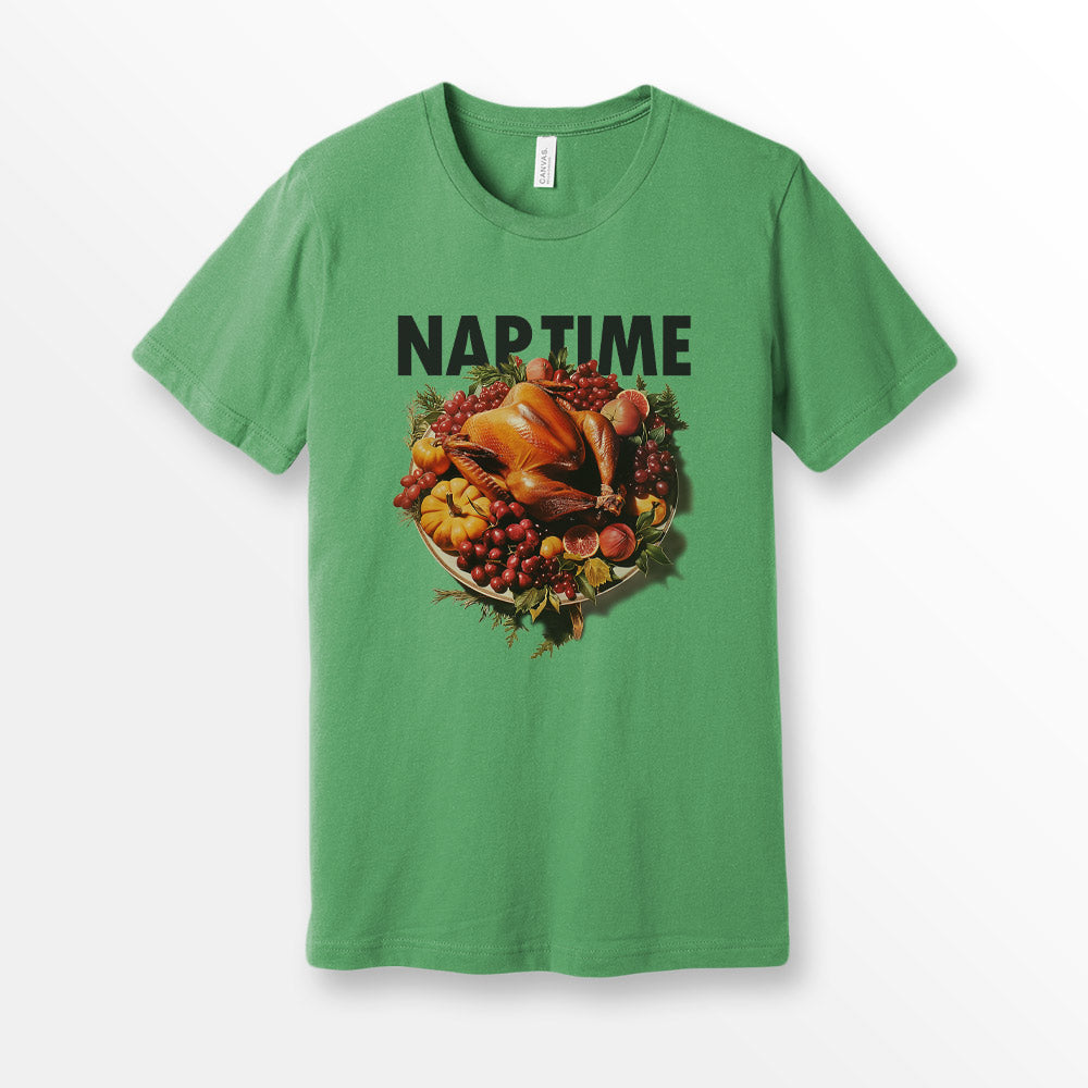 ShirtLoaf Thanksgiving Turkey Nap Time Shirt 90's T shirt printed on Leaf Green Bella + Canvas 3001 Unisex Short Sleeve Cotton T-shirt
