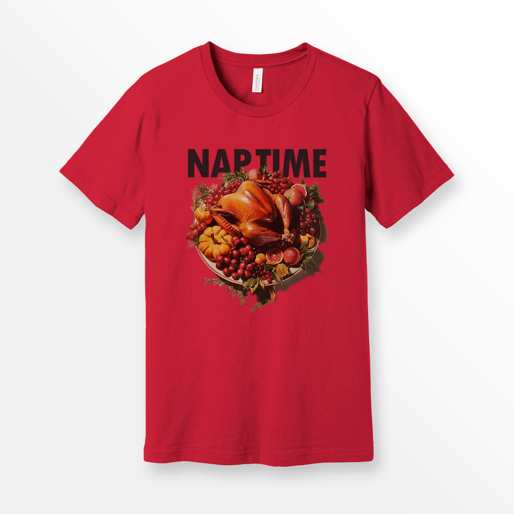ShirtLoaf Thanksgiving Turkey Nap Time Shirt 90's T shirt printed on Red Bella + Canvas 3001 Unisex Short Sleeve Cotton T-shirt