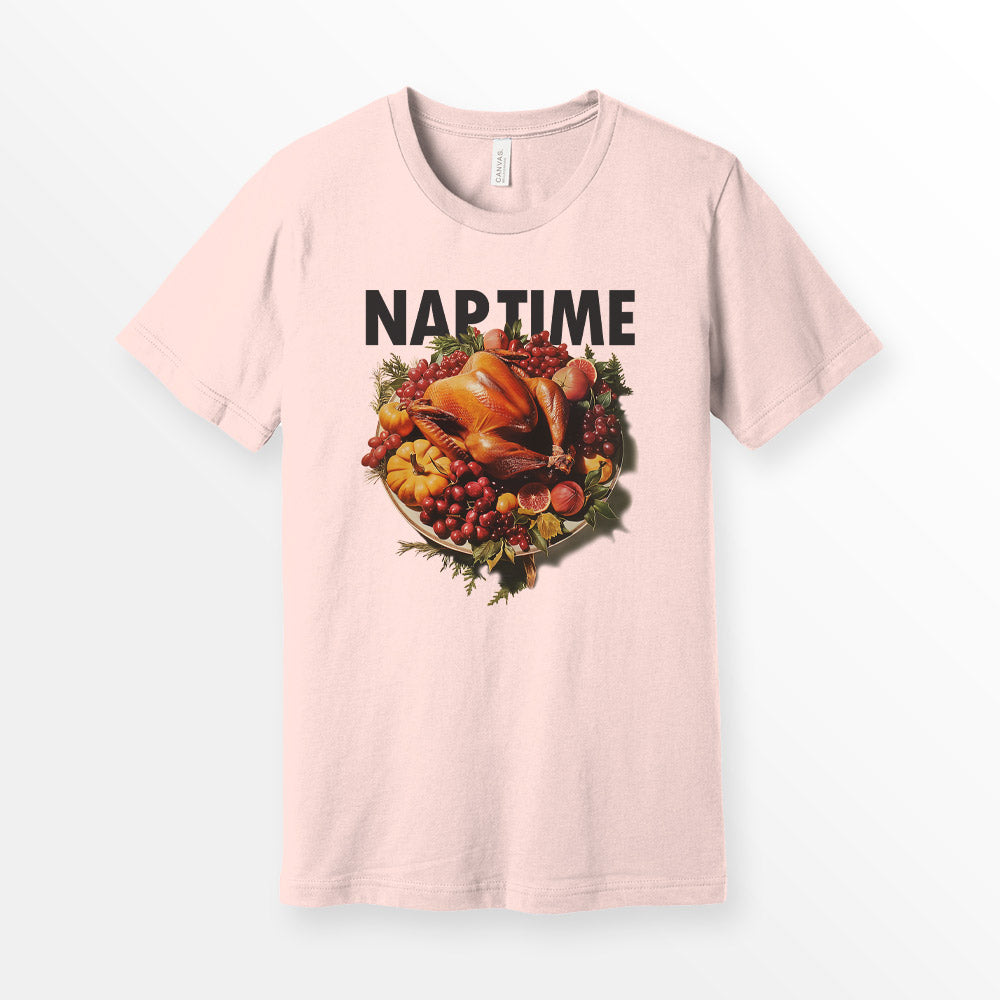 ShirtLoaf Thanksgiving Turkey Nap Time Shirt 90's T shirt printed on Soft Pink Bella + Canvas 3001 Unisex Short Sleeve Cotton T-shirt