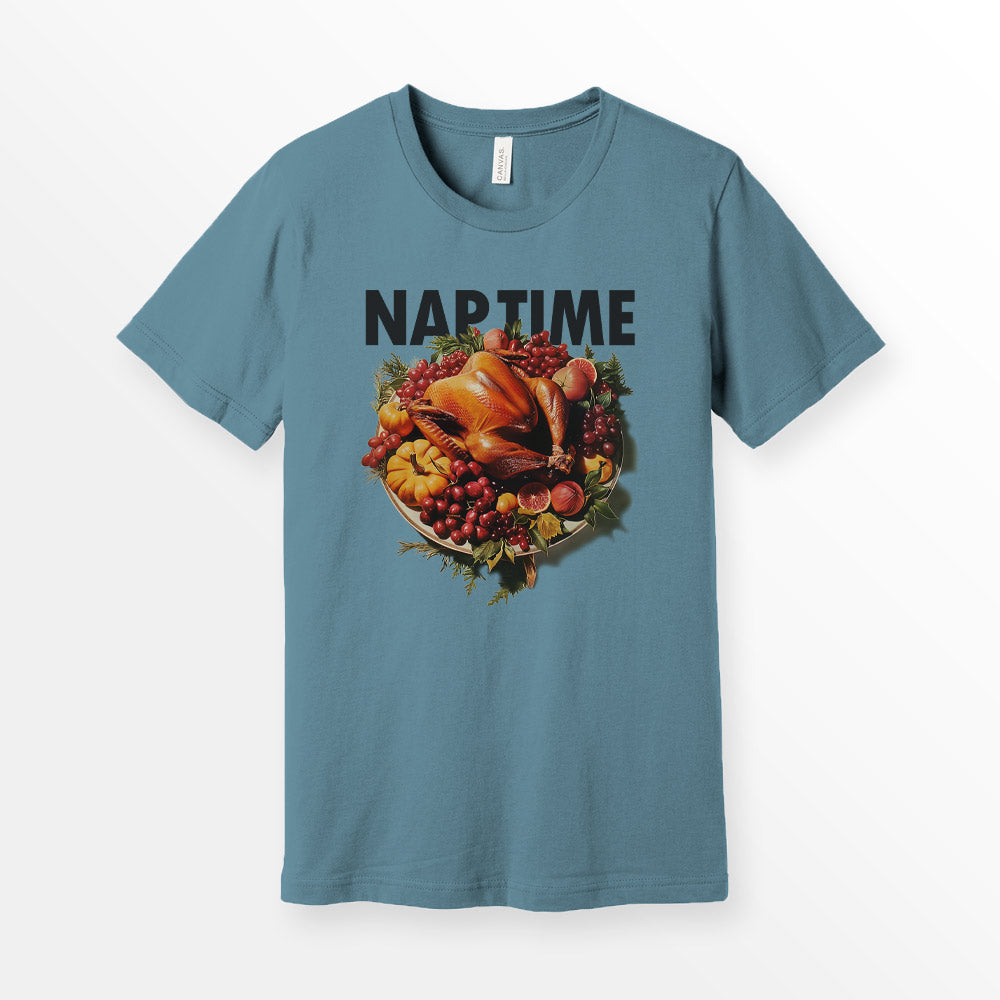 ShirtLoaf Thanksgiving Turkey Nap Time Shirt 90's T shirt printed on Steel Blue Bella + Canvas 3001 Unisex Short Sleeve Cotton T-shirt
