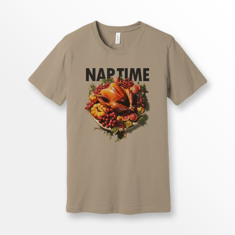 ShirtLoaf Thanksgiving Turkey Nap Time Shirt 90's T shirt printed on Tan Bella + Canvas 3001 Unisex Short Sleeve Cotton T-shirt
