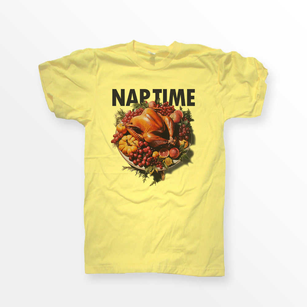 ShirtLoaf Thanksgiving Turkey Nap Time Shirt 90's T shirt printed on Yellow Bella + Canvas 3001 Unisex Short Sleeve Cotton T-shirt