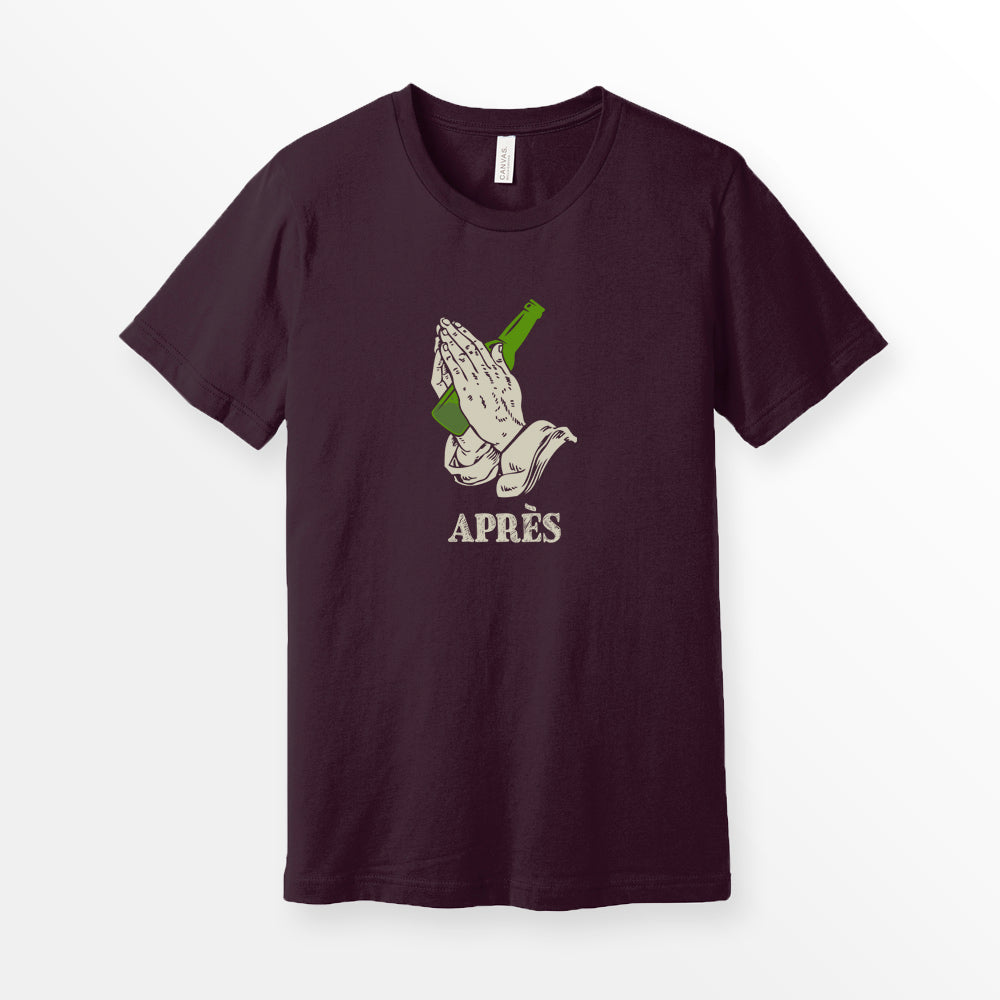 ShirtLoaf apres ski shirt praying hands t-shirt skier drinking tee on Bella Canvas 3001 premium unisex Oxblood T-shirt