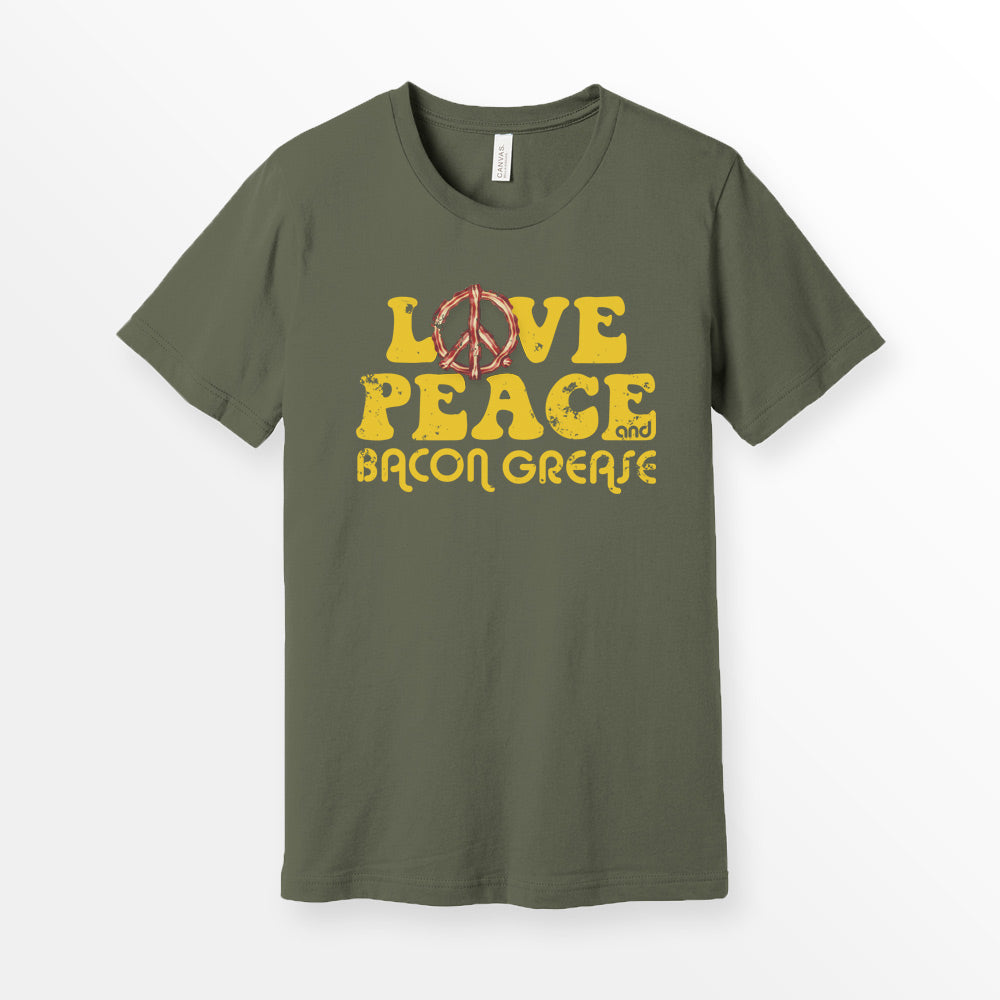 Army Bella + Canvas 3001 premium cotton t-shirt featuring the slogan 'Love, Peace, and Bacon Grease' in bold, vintage-style typography. Bacon tshirt for foodie.