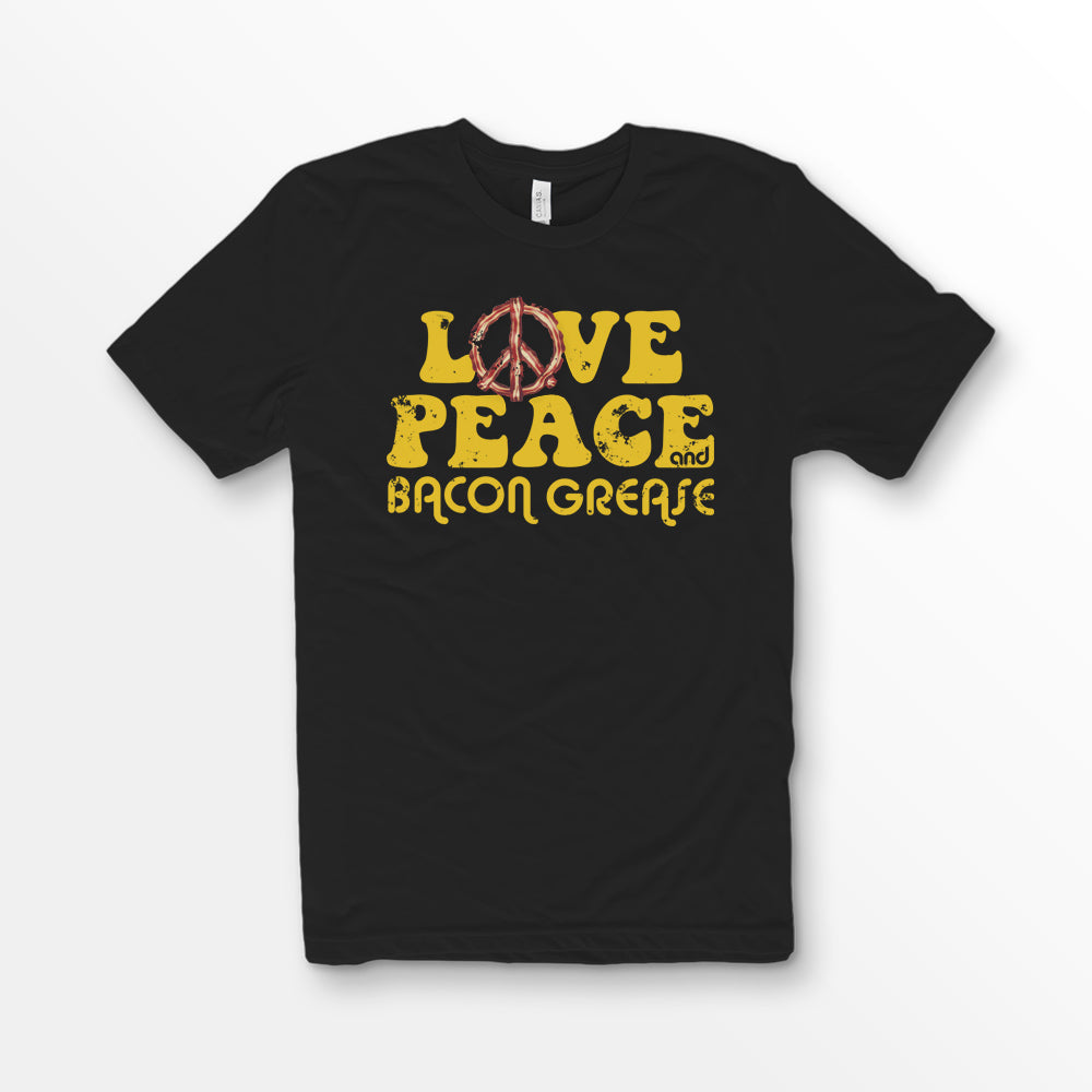 Black Bella + Canvas 3001 premium cotton t-shirt featuring the slogan 'Love, Peace, and Bacon Grease' in bold, vintage-style typography. Bacon tshirt for foodie.