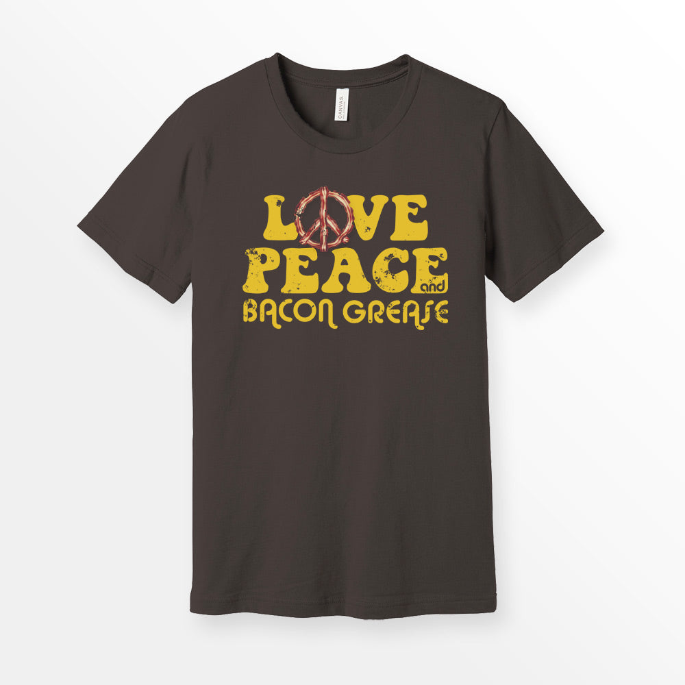Brown Bella + Canvas 3001 premium cotton t-shirt featuring the slogan 'Love, Peace, and Bacon Grease' in bold, vintage-style typography. Bacon tshirt for foodie.
