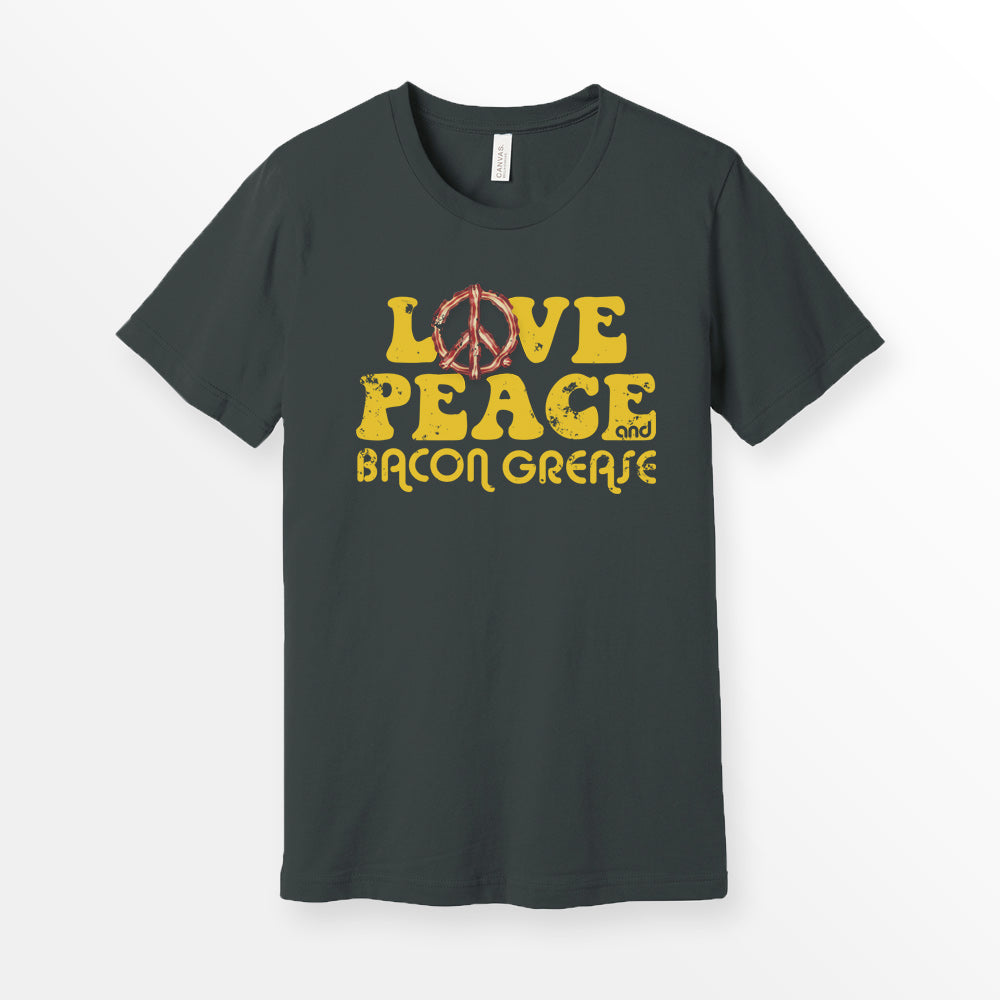 Dark Grey Bella + Canvas 3001 premium cotton t-shirt featuring the slogan 'Love, Peace, and Bacon Grease' in bold, vintage-style typography. Bacon tshirt for foodie.