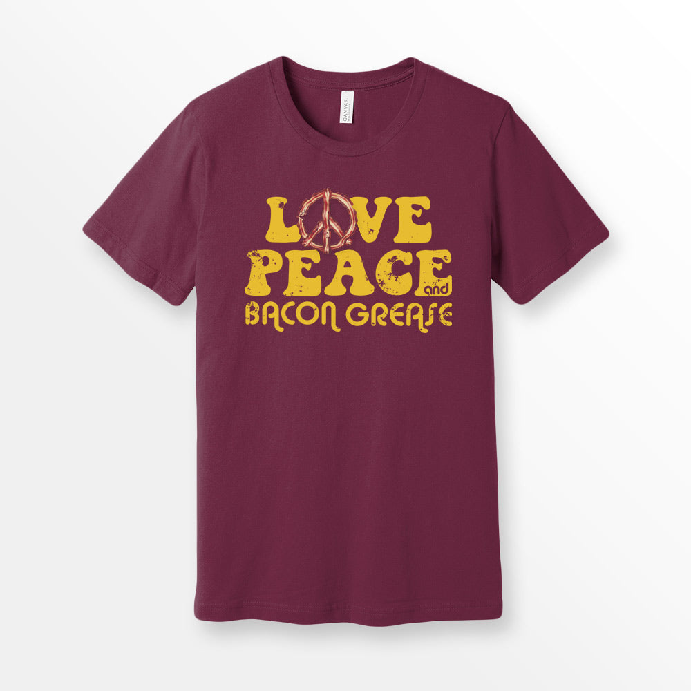 Maroon Bella + Canvas 3001 premium cotton t-shirt featuring the slogan 'Love, Peace, and Bacon Grease' in bold, vintage-style typography. Bacon tshirt for foodie.
