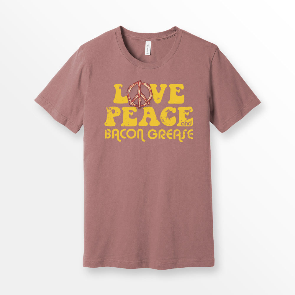 Mauve Bella + Canvas 3001 premium cotton t-shirt featuring the slogan 'Love, Peace, and Bacon Grease' in bold, vintage-style typography. Bacon tshirt for foodie.