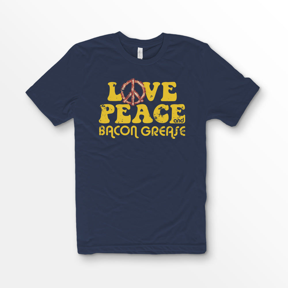 Navy Blue Bella + Canvas 3001 premium cotton t-shirt featuring the slogan 'Love, Peace, and Bacon Grease' in bold, vintage-style typography. Bacon tshirt for foodie.
