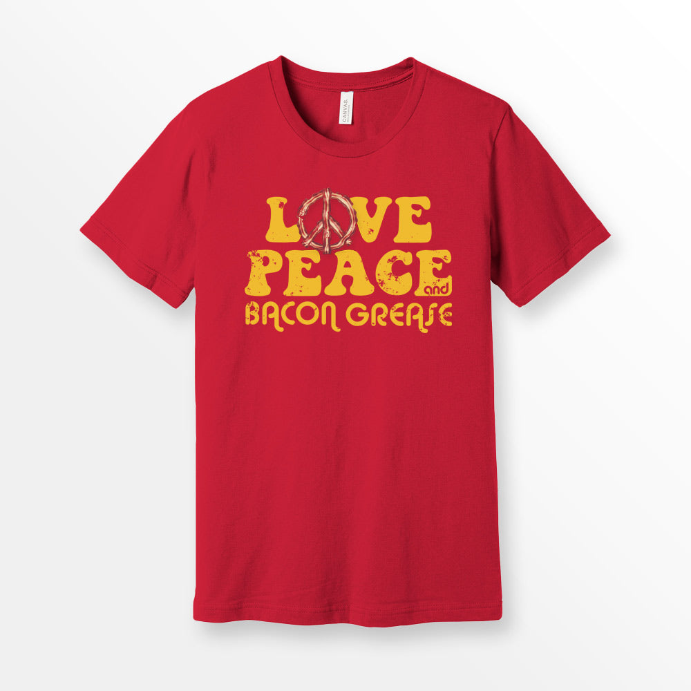 Red Bella + Canvas 3001 premium cotton t-shirt featuring the slogan 'Love, Peace, and Bacon Grease' in bold, vintage-style typography. Bacon tshirt for foodie.