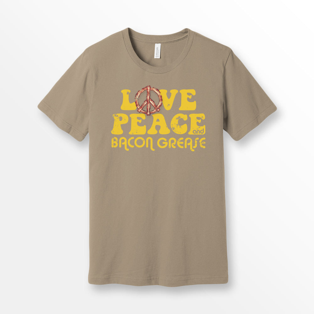 Tan Bella + Canvas 3001 premium cotton t-shirt featuring the slogan 'Love, Peace, and Bacon Grease' in bold, vintage-style typography. Bacon tshirt for foodie.