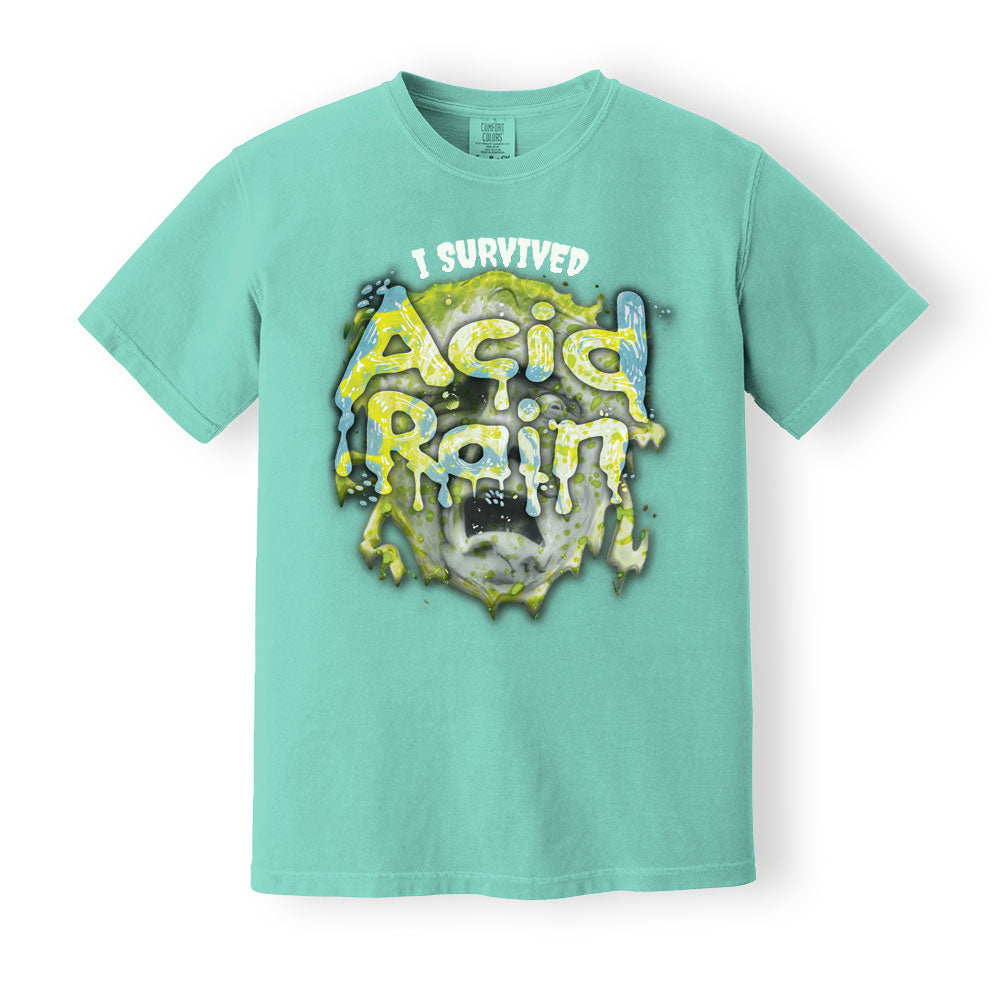 Comfort Colors Chalky Mint Heavyweight t-shirt with 90's 'I Survived Acid Rain' print. ShirtLoaf 90's shirts. Sarcasm tshirt