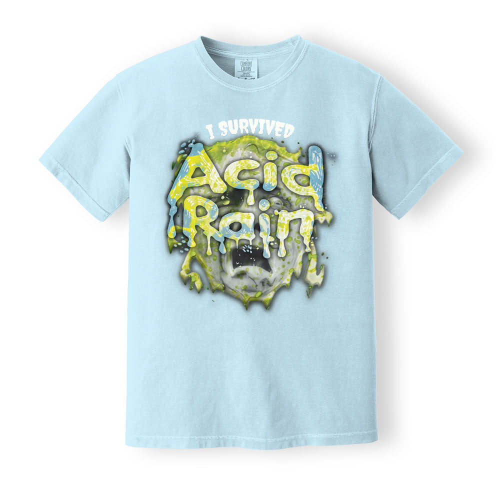 Comfort Colors Chambray Light Blue Heavyweight t-shirt with 90's 'I Survived Acid Rain' print. ShirtLoaf 90's shirts. Sarcasm tshirt