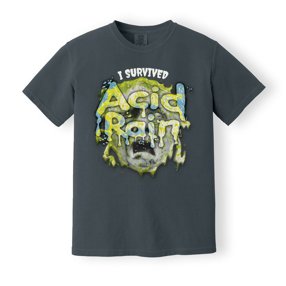 Comfort Colors Denim Heavyweight t-shirt with 90's 'I Survived Acid Rain' print. ShirtLoaf 90's shirts. Sarcasm tshirt