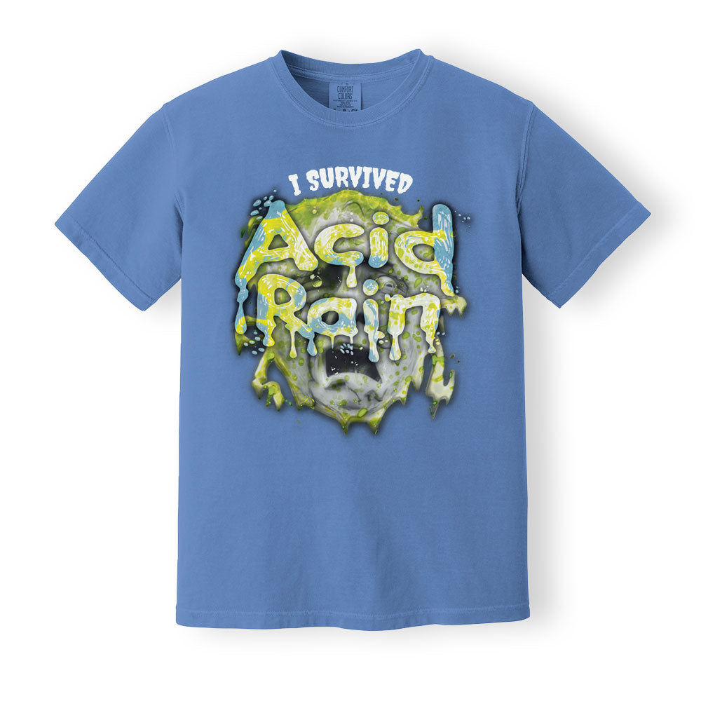 Comfort Colors Flo Blue Heavyweight t-shirt with 90's 'I Survived Acid Rain' print. ShirtLoaf 90's shirts. Sarcasm tshirt