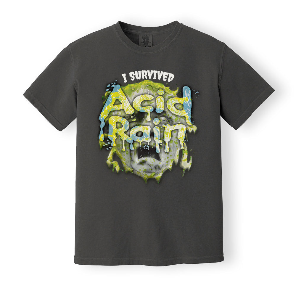 Comfort Colors Graphite Heavyweight t-shirt with 90's 'I Survived Acid Rain' print. ShirtLoaf 90's shirts. Sarcasm tshirt