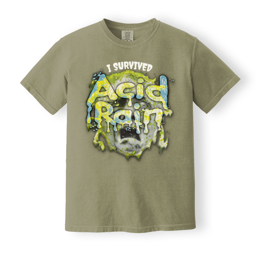 Comfort Colors Khaki Heavyweight t-shirt with 90's 'I Survived Acid Rain' print. ShirtLoaf 90's shirts. Sarcasm tshirt