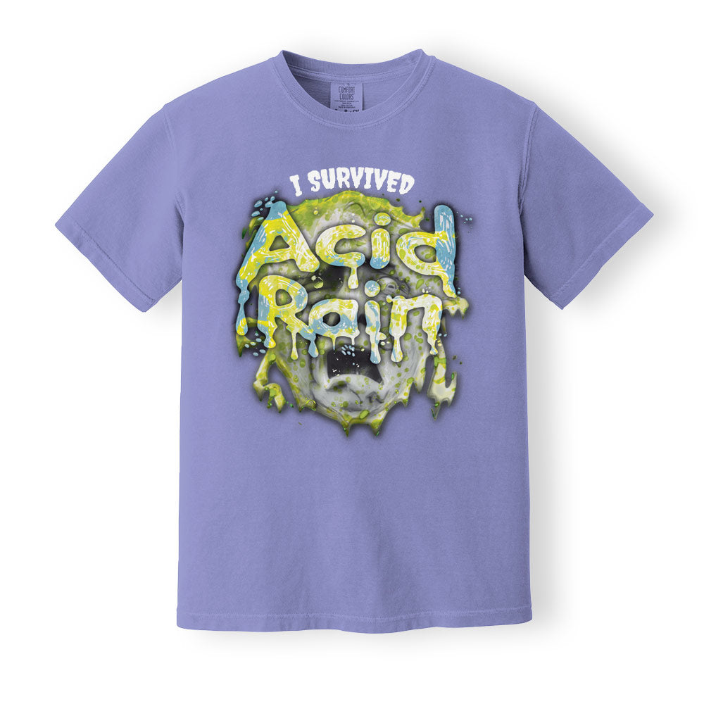 Comfort Colors Violet Heavyweight t-shirt with 90's 'I Survived Acid Rain' print. ShirtLoaf 90's shirts. Sarcasm tshirt