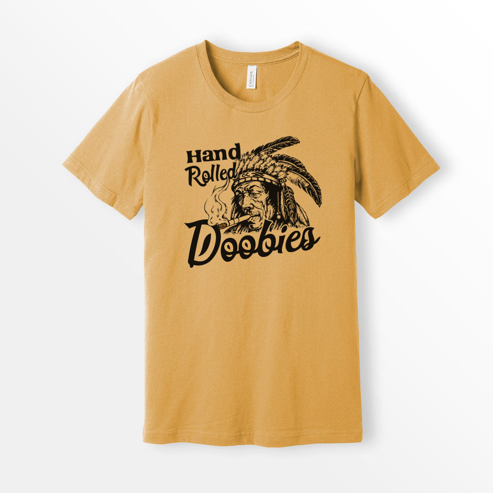 Vintage Hand Rolled Doobies Tshirt, Parody Tobacco logo shirt, Native American Indian Tobacco Shirt, Mustard Bella + Canvas 3001 Premium Unisex Short Sleeve Cotton T-shirt