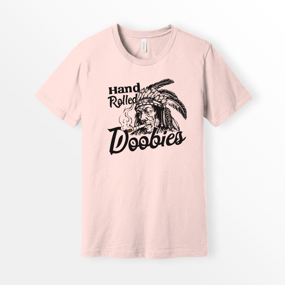 Vintage Hand Rolled Doobies Tshirt, Parody Tobacco logo shirt, Native American Indian Tobacco Shirt, Pink Bella + Canvas 3001 Premium Unisex Short Sleeve Cotton T-shirt