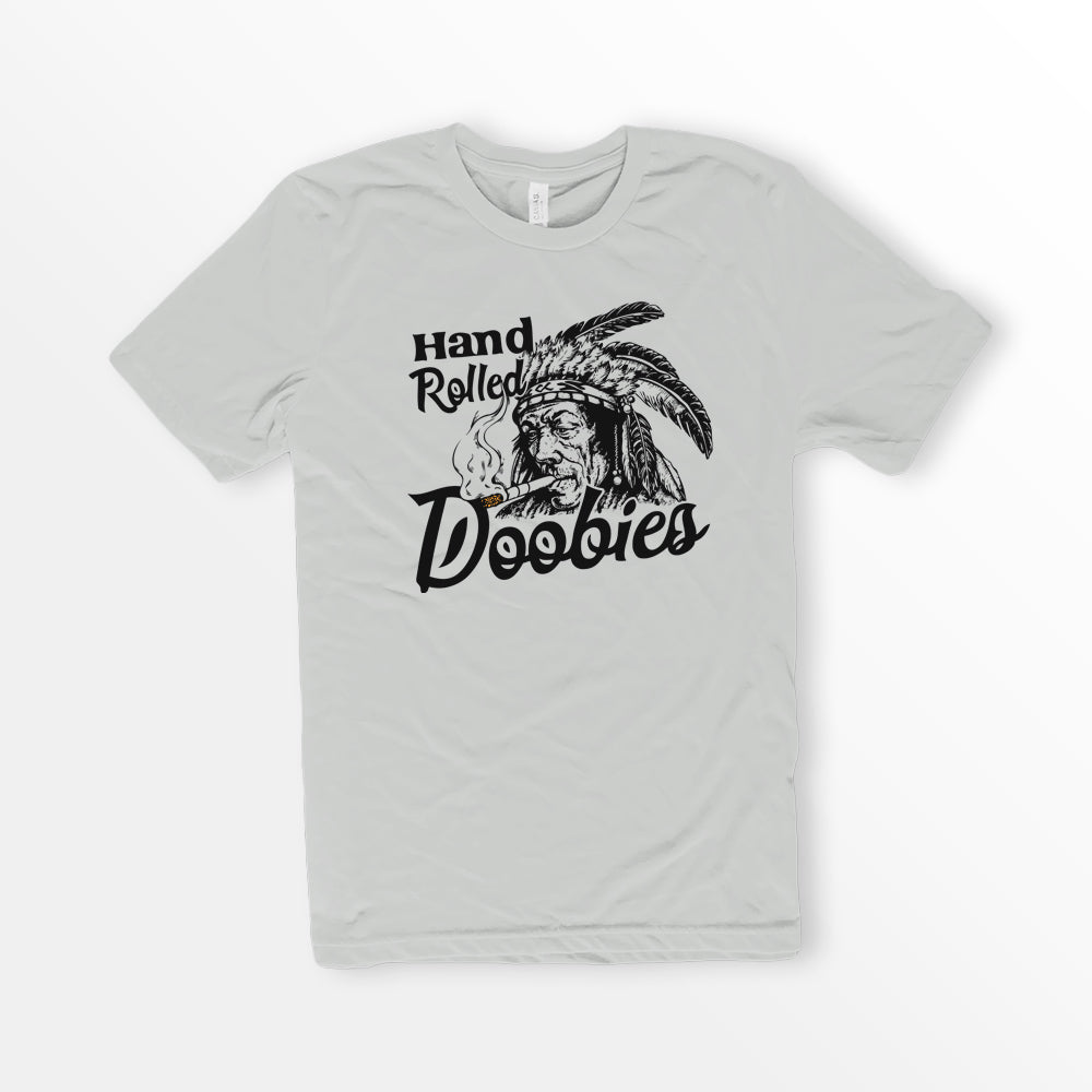 Vintage Hand Rolled Doobies Tshirt, Parody Tobacco logo shirt, Native American Indian Tobacco Shirt, Silver Bella + Canvas 3001 Premium Unisex Short Sleeve Cotton T-shirt