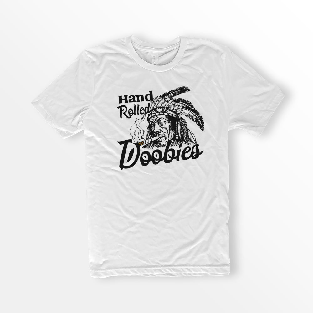 Vintage Hand Rolled Doobies Tshirt, Parody Tobacco logo shirt, Native American Indian Tobacco Shirt, White Bella + Canvas 3001 Premium Unisex Short Sleeve Cotton T-shirt