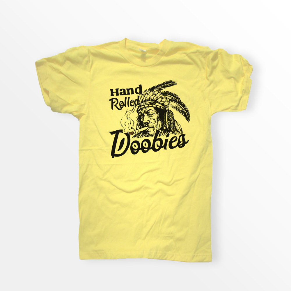 Vintage Hand Rolled Doobies Tshirt, Parody Tobacco logo shirt, Native American Indian Tobacco Shirt, Yellow  Bella + Canvas 3001 Premium Unisex Short Sleeve Cotton T-shirt