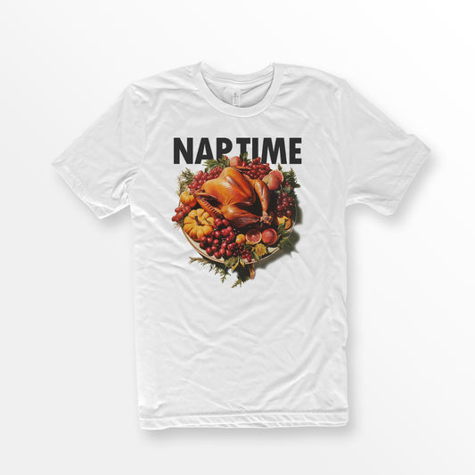 ShirtLoaf Thanksgiving Turkey Nap Time Shirt 90's T shirt printed on White Bella + Canvas 3001 Unisex Short Sleeve Cotton T-shirt