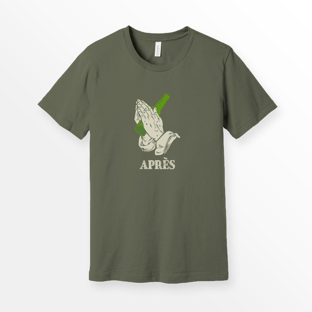 ShirtLoaf apres ski shirt praying hands t-shirt skier drinking tee on Bella Canvas 3001 premium unisex ARMY T-shirt