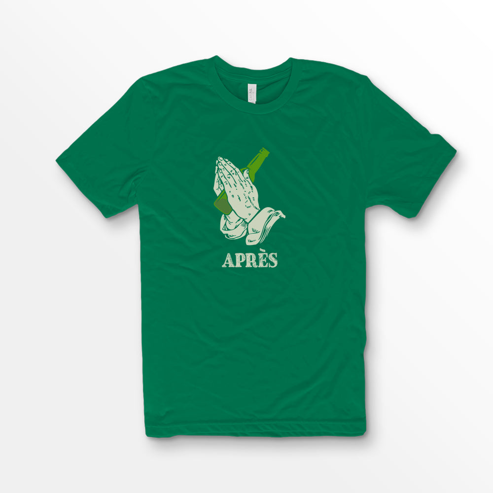 ShirtLoaf apres ski shirt praying hands t-shirt skier drinking tee on Bella Canvas 3001 premium unisex Kelly Green T-shirt