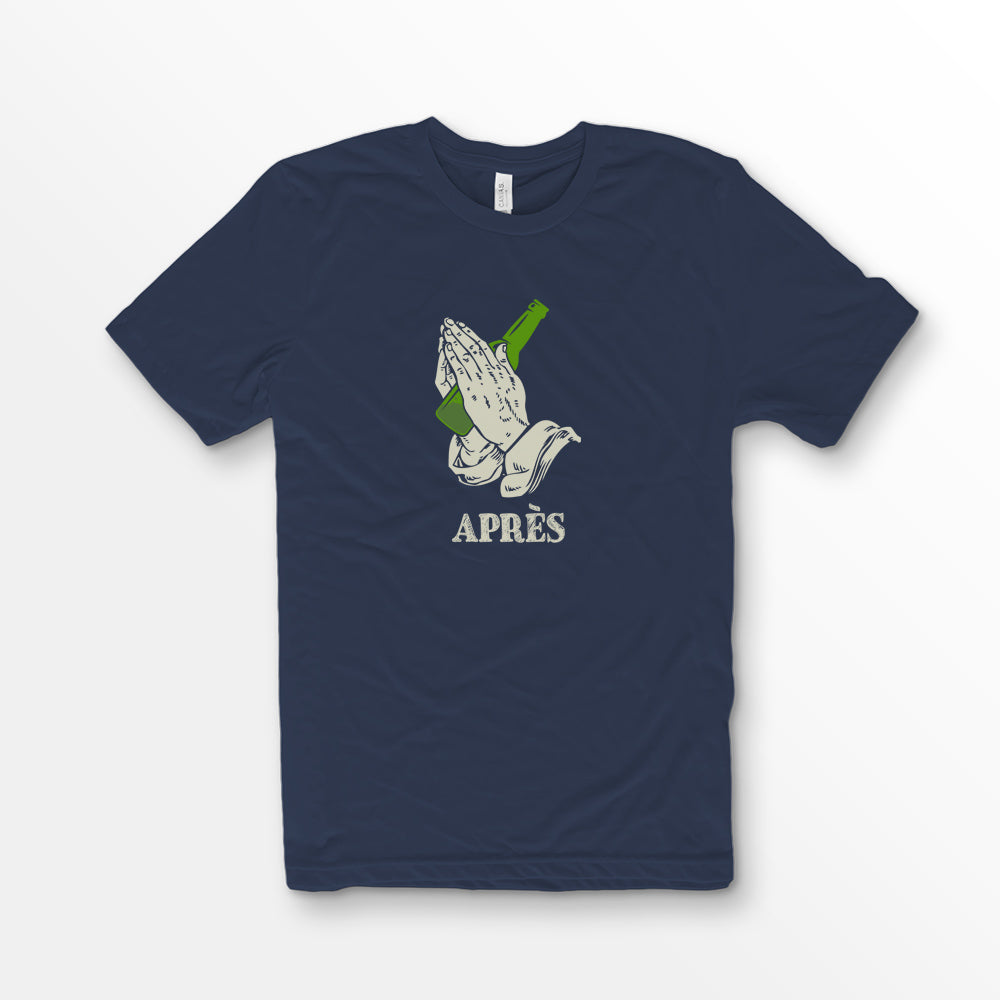 ShirtLoaf apres ski shirt praying hands t-shirt skier drinking tee on Bella Canvas 3001 premium unisex Navy Blue T-shirt