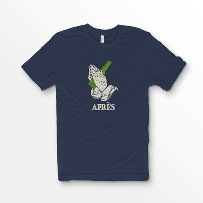 ShirtLoaf apres ski shirt praying hands t-shirt skier drinking tee on Bella Canvas 3001 premium unisex Navy Blue T-shirt