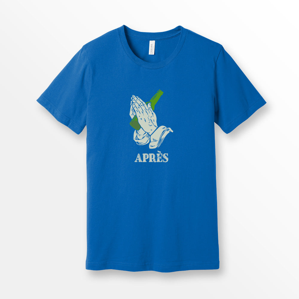 ShirtLoaf apres ski shirt praying hands t-shirt skier drinking tee on Bella Canvas 3001 premium unisex Royal Blue T-shirt