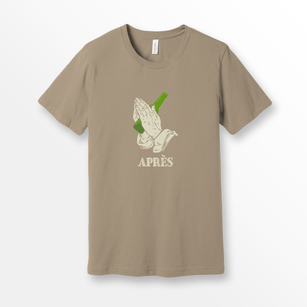 ShirtLoaf apres ski shirt praying hands t-shirt skier drinking tee on Bella Canvas 3001 premium unisex Tan T-shirt