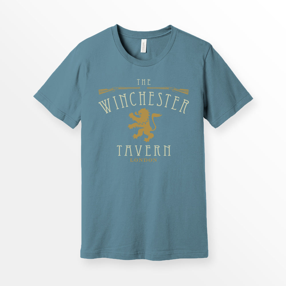 ShirtLoaf Winchester Tavern Vintage Pub Shirt Printed on Steel Blue Bella + Canvas 3001 Unisex Short Sleeve Cotton T-shirt