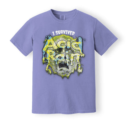 Comfort Colors Violet Heavyweight t-shirt with 90's 'I Survived Acid Rain' print. ShirtLoaf 90's shirts. Sarcasm tshirt