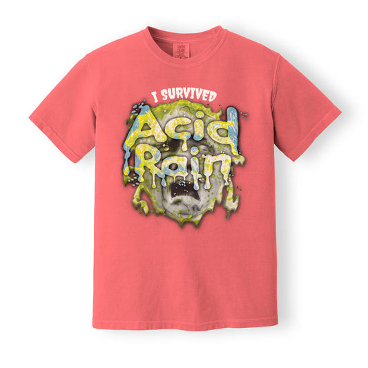 Comfort Colors Watermelon Heavyweight t-shirt with 90's 'I Survived Acid Rain' print. ShirtLoaf 90's shirts. Sarcasm tshirt